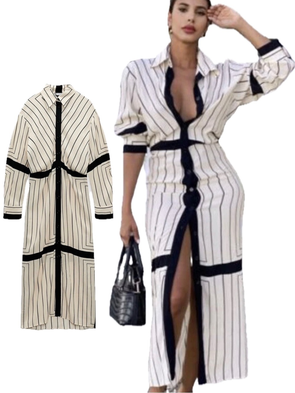 Zara Cream and Black Stripe Long Sleeve Collared Button Down Midi Shirt Dress
